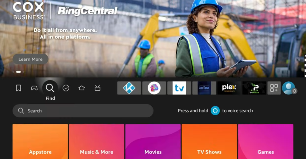 Firestick home screen, click the Search icon