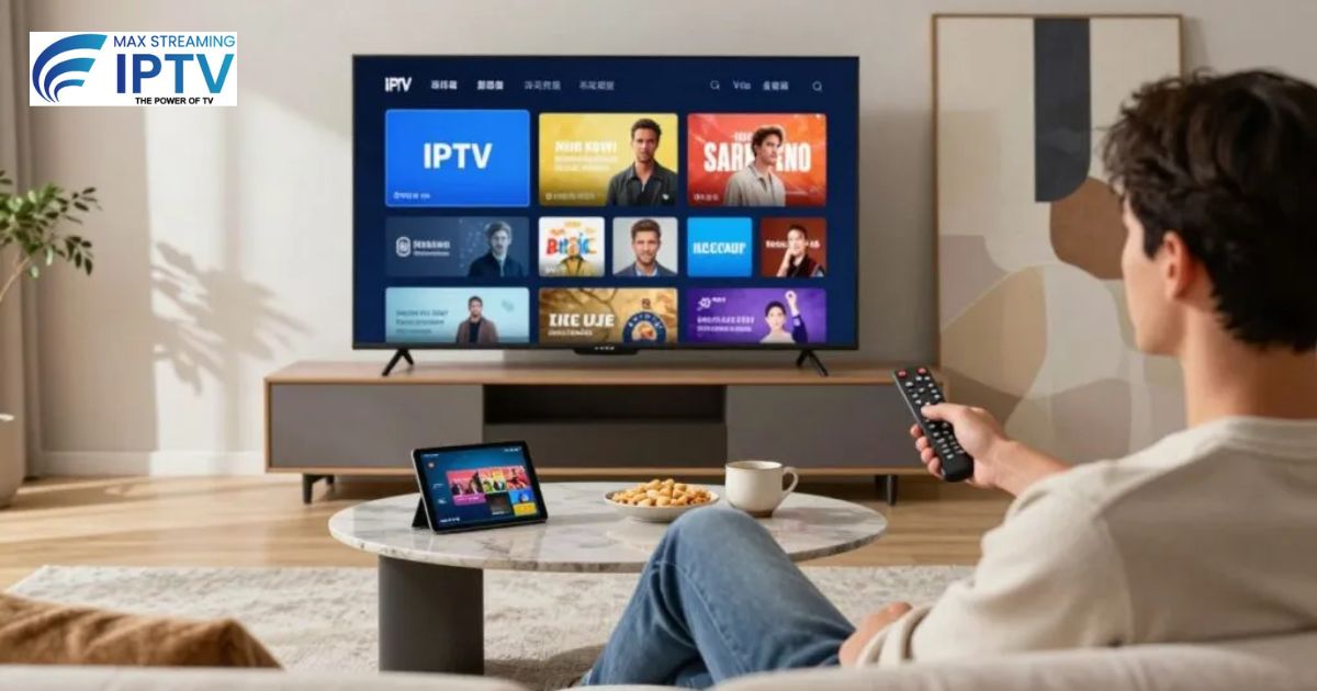 Man relaxing on sofa testing IPTV free trial on large TV with remote in hand