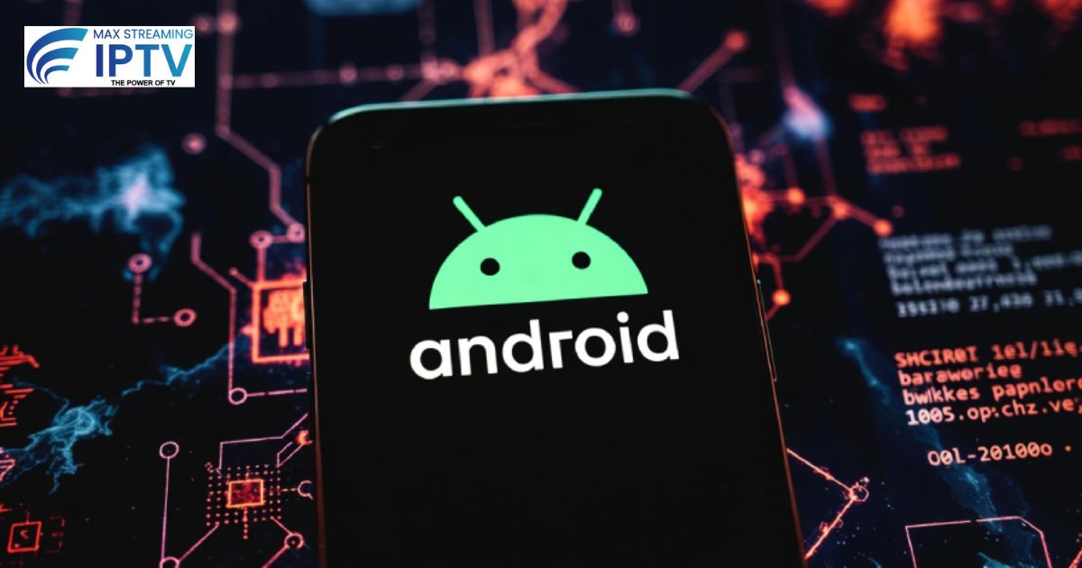 Android phone with green robot logo on dark background showing malware risk for fake IPTV apps