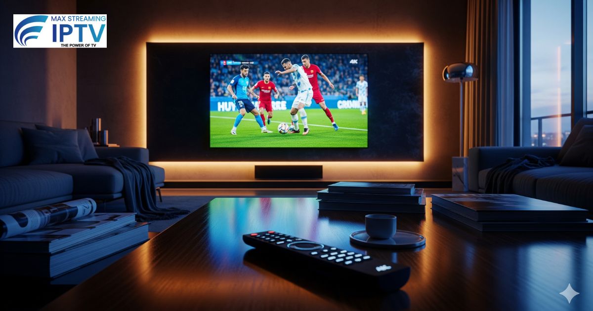 Luxury living room TV displaying live sports during IPTV quality and buffering test
