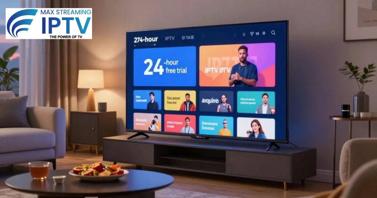 Modern living room with large TV displaying IPTV free trial interface and channel selection