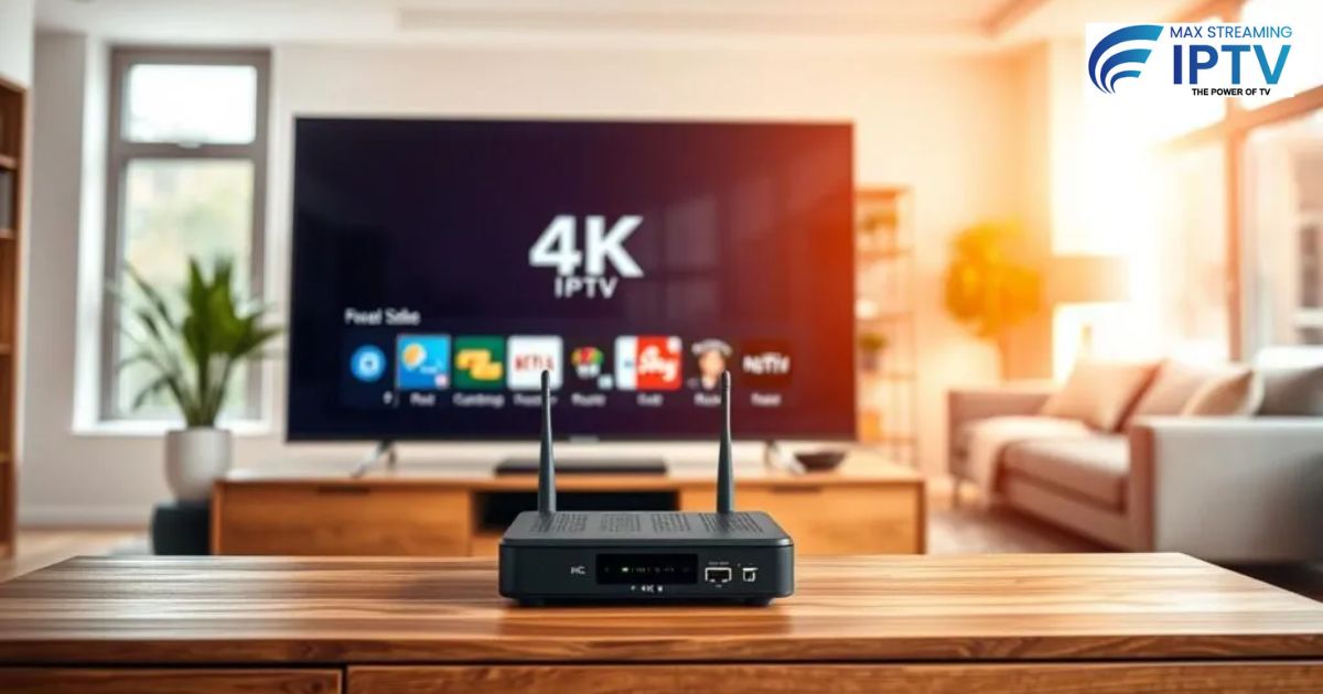 4K IPTV streaming device on wooden table with clear TV screen in background