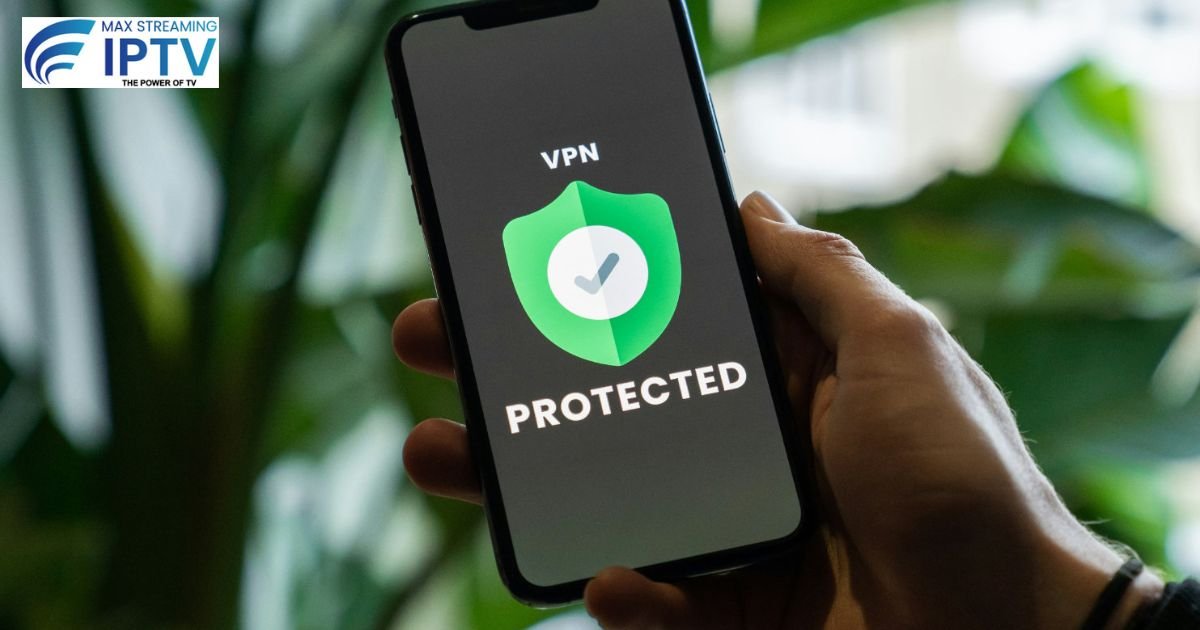 Hand holding phone with VPN protected shield icon