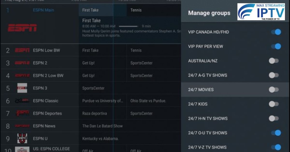 TiviMate IPTV app showing channel list and program guide