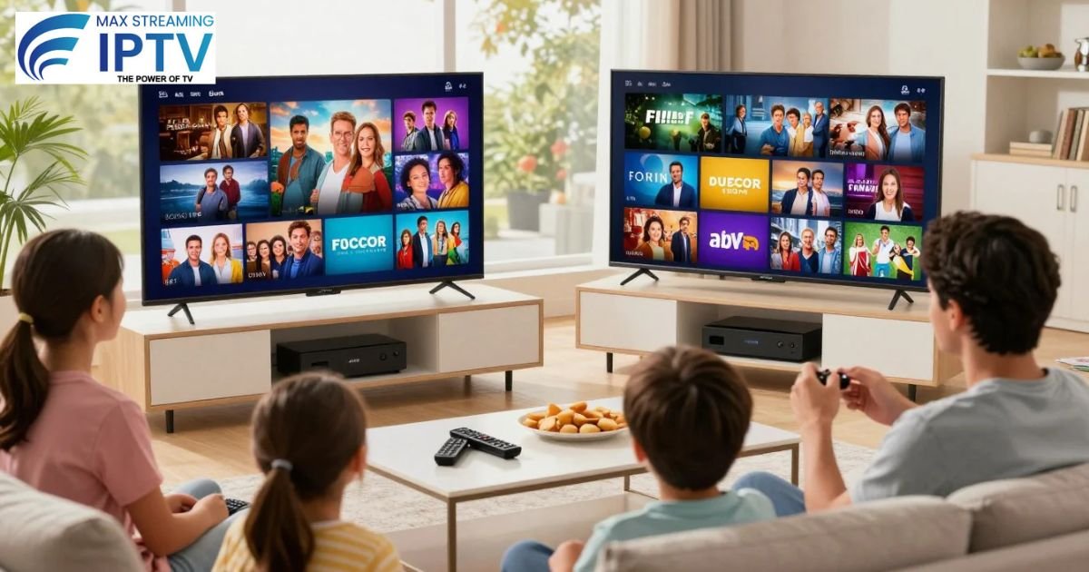 Happy family watching TV together on sofa