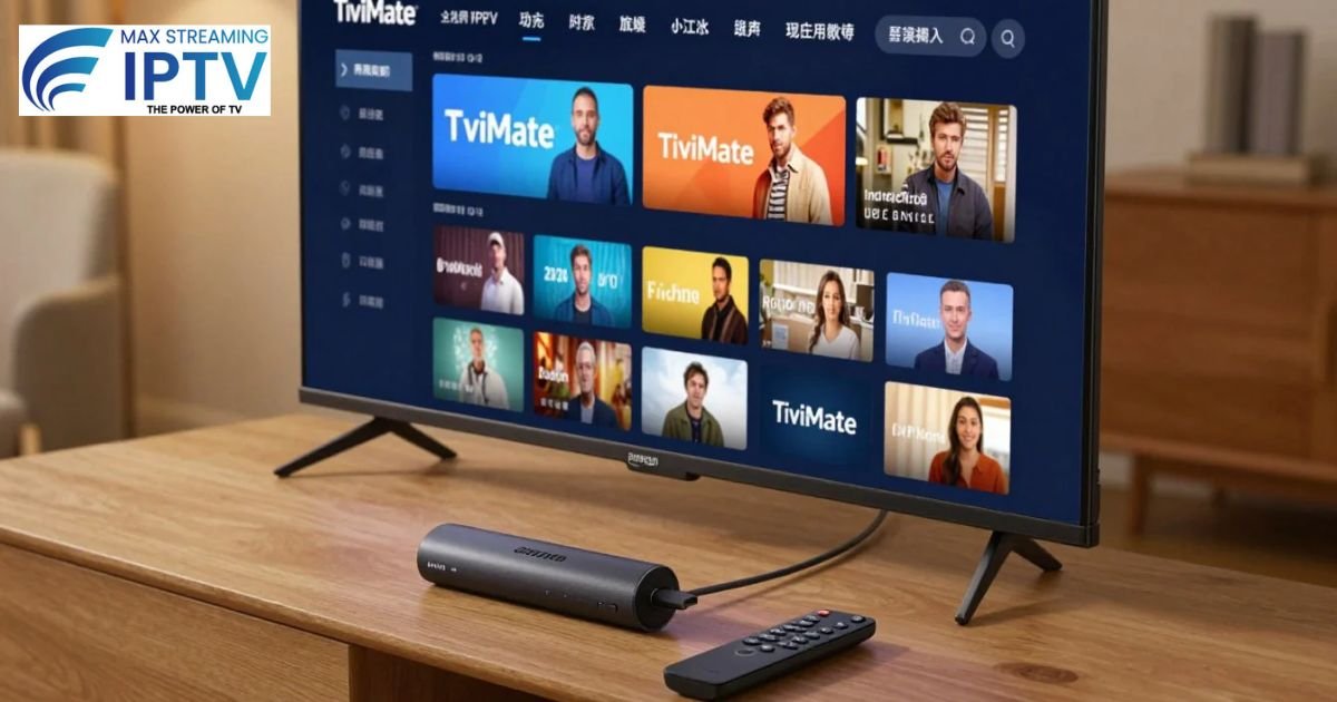 TiviMate IPTV app on TV showing movie and series thumbnails