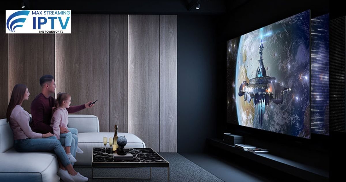 Family watching movie on big screen in dark living room