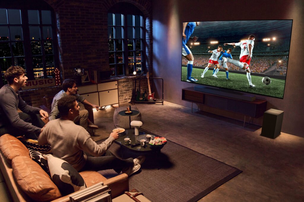 UK family relaxing with an IPTV subscription UK no contract plan on a large smart TV